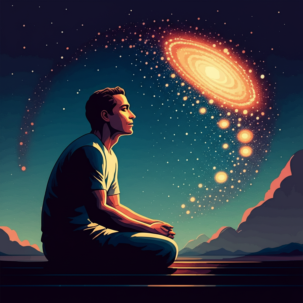 Cihan isminin 'Retro' bakış açısıyla içsel evreni ve kişisel keşif yolculuğunu anlatan görsel. Derin düşüncelere dalmış, sakin bir figür, kendi zihninin içinde oluşan yıldızlar, galaksiler ve benzersiz fikirlerle dolu rüya gibi bir kozmik manzarada oturuyor. İçsel bilgelik ve özgün vizyon vurgulanıyor.