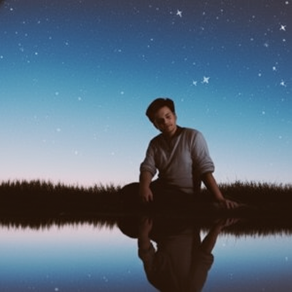 A serene and contemplative scene depicting a person in quiet introspection, perhaps meditating or observing a celestial sky reflected in calm water. This image should symbolize an inward journey, re-evaluation, and the discovery of inner beauty and harmony, embodying the 'retro' aspect of self-discovery.