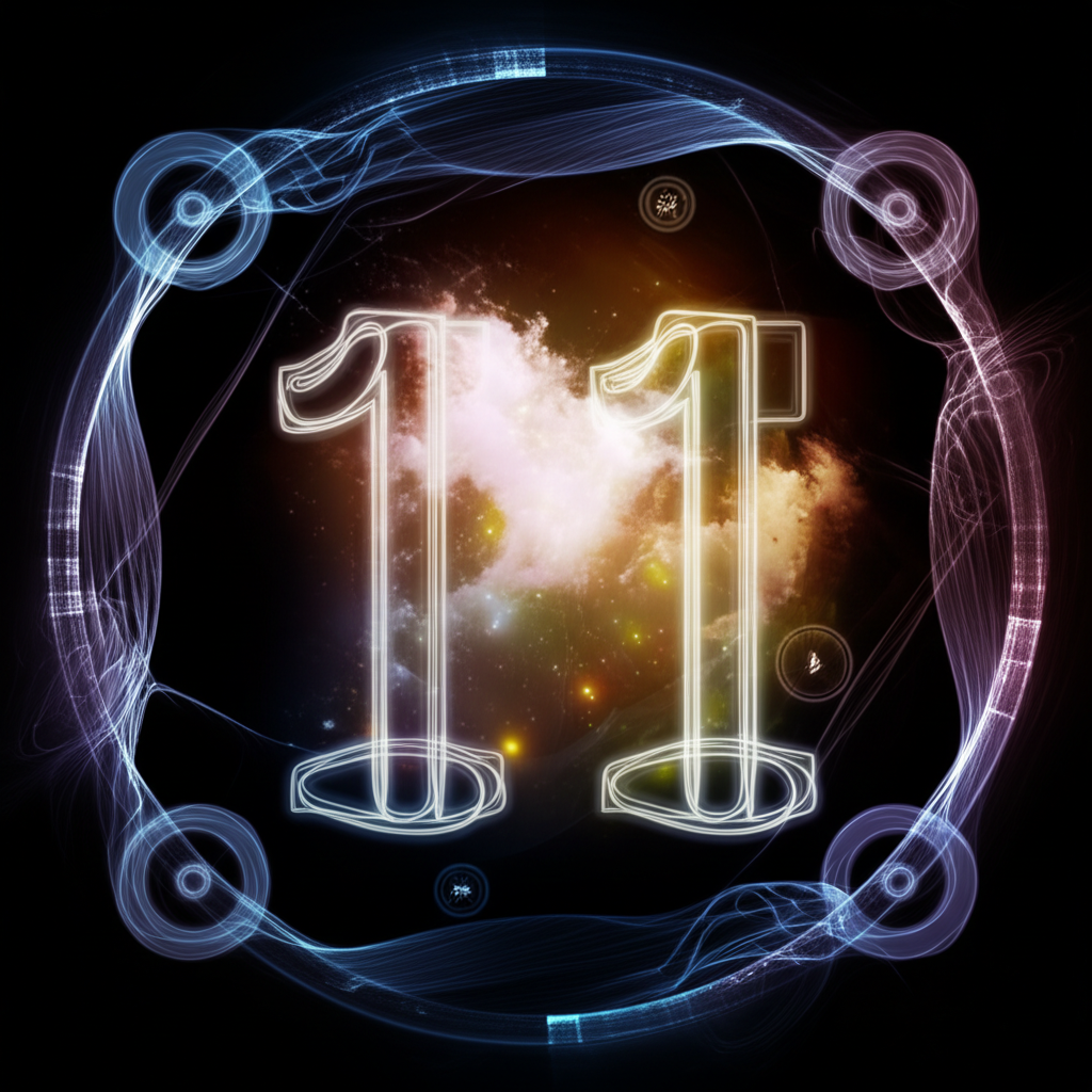 An abstract and ethereal illustration focusing on the Master Number 11, integrated with glowing cosmic patterns and symbolic elements representing intuition, inspiration, and balanced wisdom. The imagery should convey spiritual insight and a sense of interconnectedness within a cosmic background.