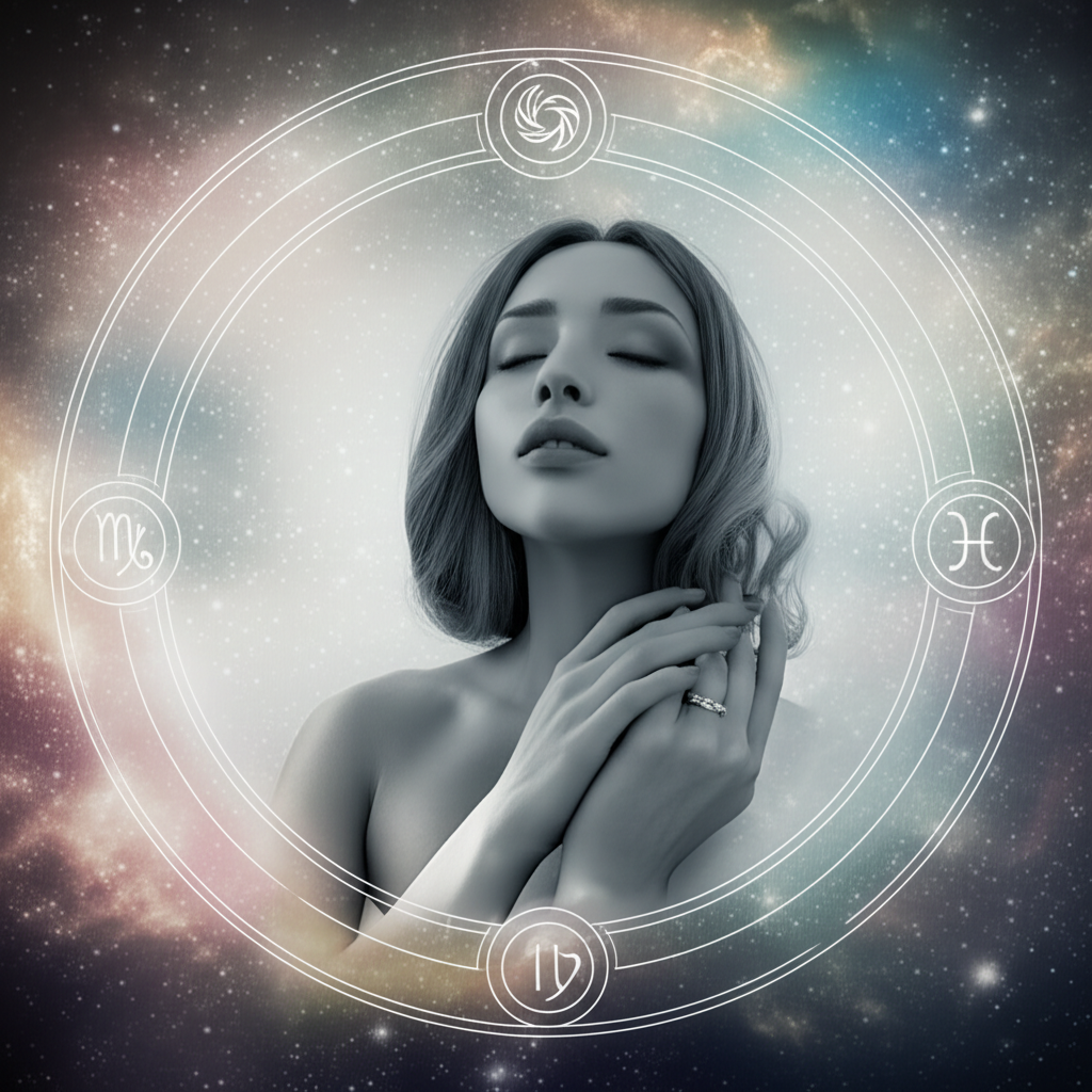 A sophisticated and graceful figure, radiating beauty and charm, subtly surrounded by astrological symbols of Venus and Mercury. The background is a harmonious blend of cosmic dust and starlight, emphasizing elegance, good communication, and positive energy, in a style that is both mystic and aesthetically pleasing.