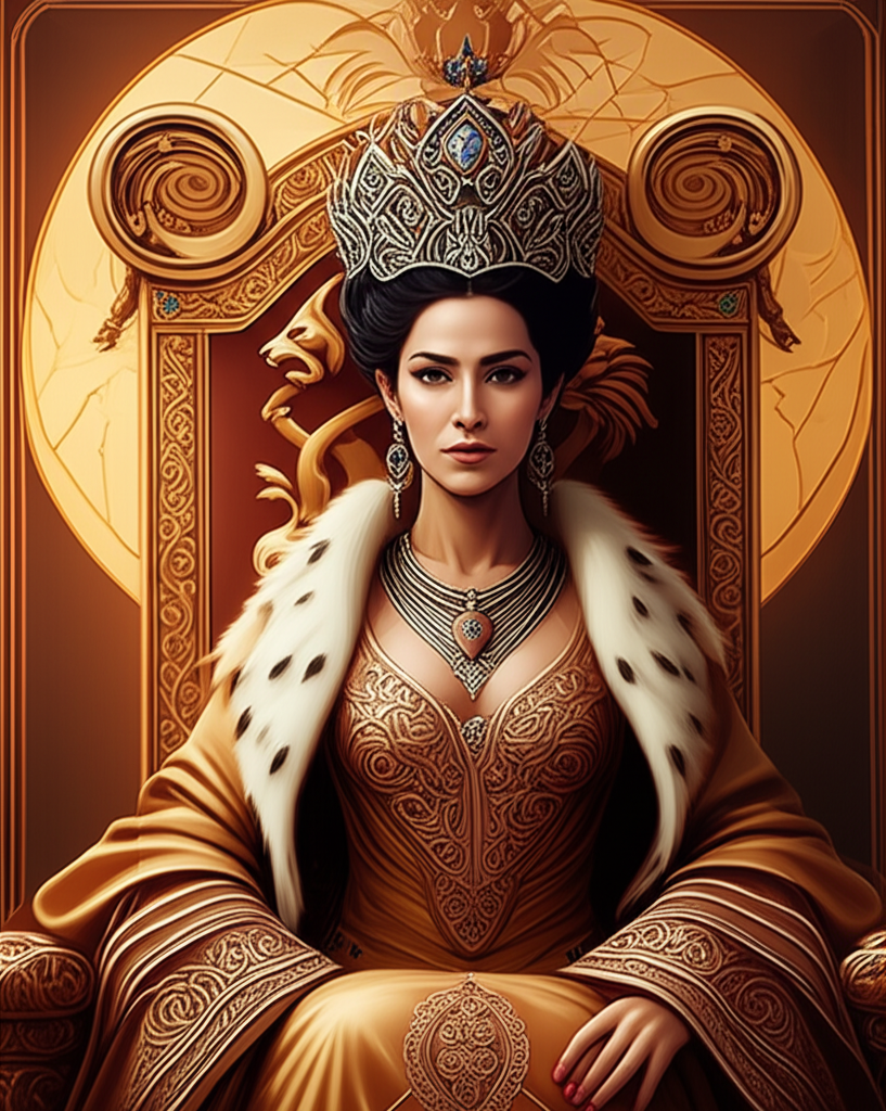 Güneşin altın rengi ışıklarıyla çevrili, görkemli bir tahtta oturan, Aslan burcunun ihtişamını ve liderliğini yansıtan, zarif ve kendine güvenli Nebahat isminde bir kraliçe. Arkasında kükreyen bir aslan silüeti ve lüks, sanatsal detaylar.