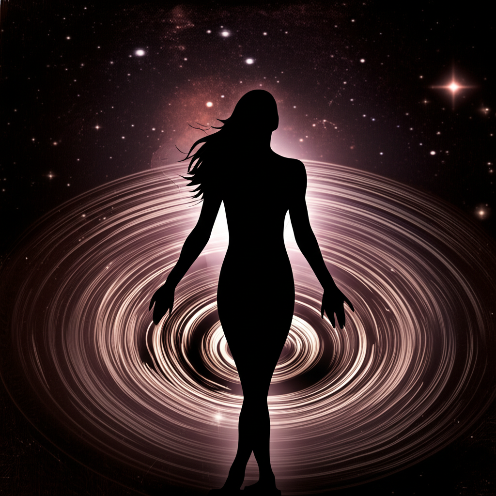 Yansıma efektiyle derin düşünen, içsel bir yolculukta olan, zarif bir kadının silüeti. Arka planda kozmik bulutsular ve retro hareketleri simgeleyen girdaplar. Kadının içsel asaleti ve dönüşümünü vurgulayan mistik bir ışık.