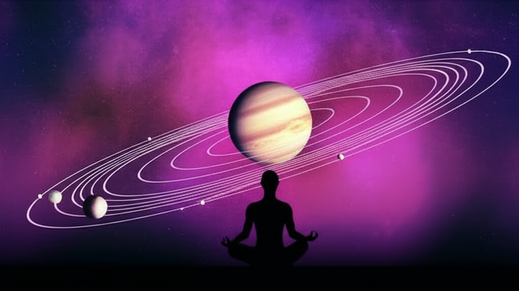 Sakin ve düşünceli bir figür, içe dönük bir duruş sergiliyor. Arka planda, gezegenlerin (özellikle Merkür'ün) sanki yörüngelerinde yavaşladığı veya geri gittiği illüzyonunu yaratan, hafifçe geri dönen yörüngelerle sembolize edilmiş retrograd hareketi. Derin mor ve lacivert tonlarında, dönüşüm ve yeniden değerlendirme hissi veren, huzurlu ve mistik bir sahne.