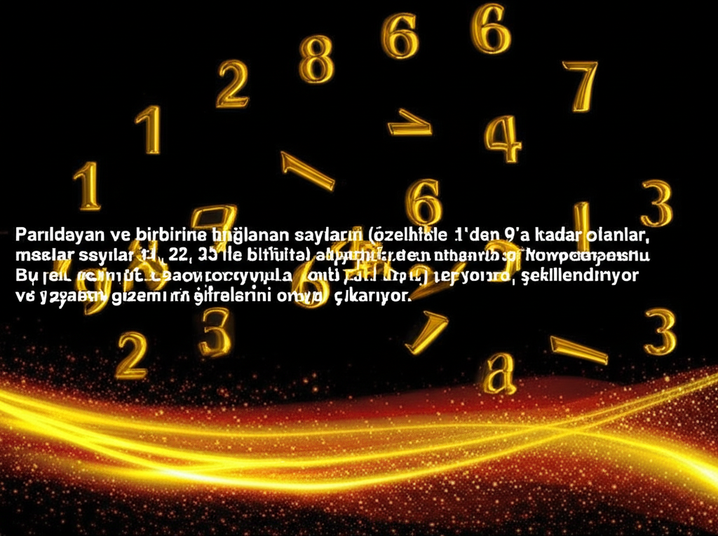 Parıldayan ve birbirine bağlanan sayıların (özellikle 1'den 9'a kadar olanlar, master sayılar 11, 22, 33 ile birlikte) akışkan, dinamik bir kompozisyonu. Bu sayılar, kadim bir pusula veya yol gibi, bir yaşam yolunu şekillendiriyor ve yaşamın gizemli şifrelerini ortaya çıkarıyor. Altın ve gümüş tonlarında, mistik ve aydınlatıcı bir atmosfer.