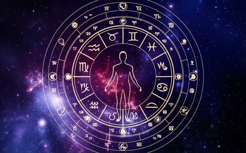 Bir kişinin silüeti üzerinde karmaşık bir doğum haritası beliriyor, gezegenler ve zodyak sembolleri ile çevrili. Işıltılı yıldızlar ve kozmik tozlarla dolu mistik, derin mavi ve mor tonlarında bir uzay ortamında, ruhun parmak izini ve yaşamın gizemini sembolize eden, kendini keşfetmeye yönelik bir görsel.