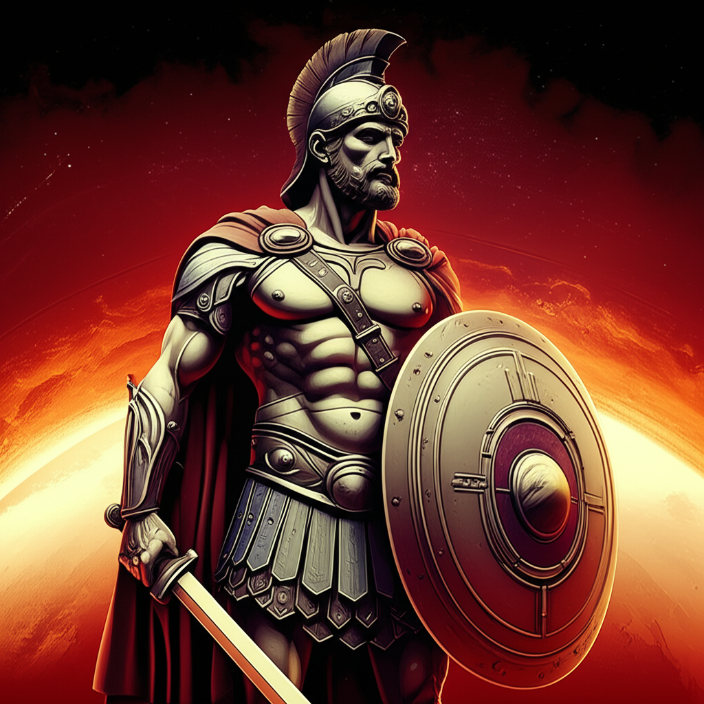 Antik bir Alp savaşçısı veya Ares'i anımsatan, kalkan ve kılıçla dimdik duran görkemli bir figür. Arka planda Mars gezegeninin kızıl tonları ve dönen kozmik enerji yer alıyor. Cesaret, liderlik ve koruma içgüdüsünü vurgulayan dinamik ışıklandırma ile bu ismin mitolojik ve <a href='https://auralery.net/kendini-kesfetme-rehberi-astroloji-numeroloji-ve-retrogradlarla-yasamin-sifrelerini-coz/'>astrolojik</a> gücü yansıtılıyor.