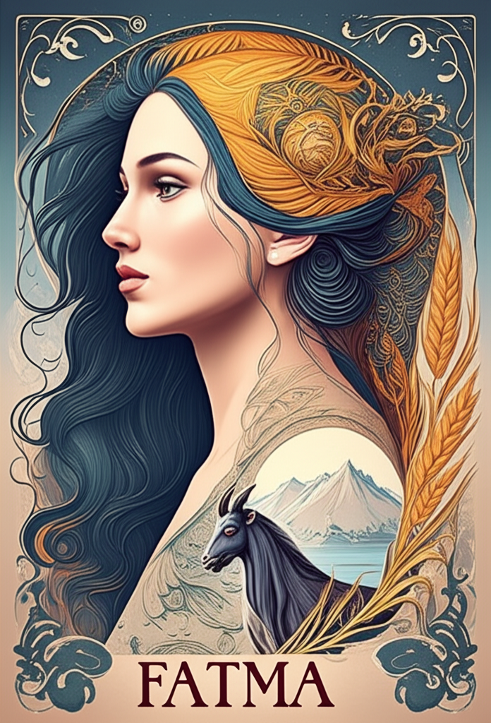A symbolic portrait representing the astrological traits associated with the name Fatma. The image should subtly blend elements of Cancer (a compassionate heart, water, crescent moon), Virgo (a meticulous mind, intricate patterns, wheat), and Capricorn (an unyielding spirit, a majestic mountain, a resilient goat). The woman should exude wisdom, strength, and tenderness.